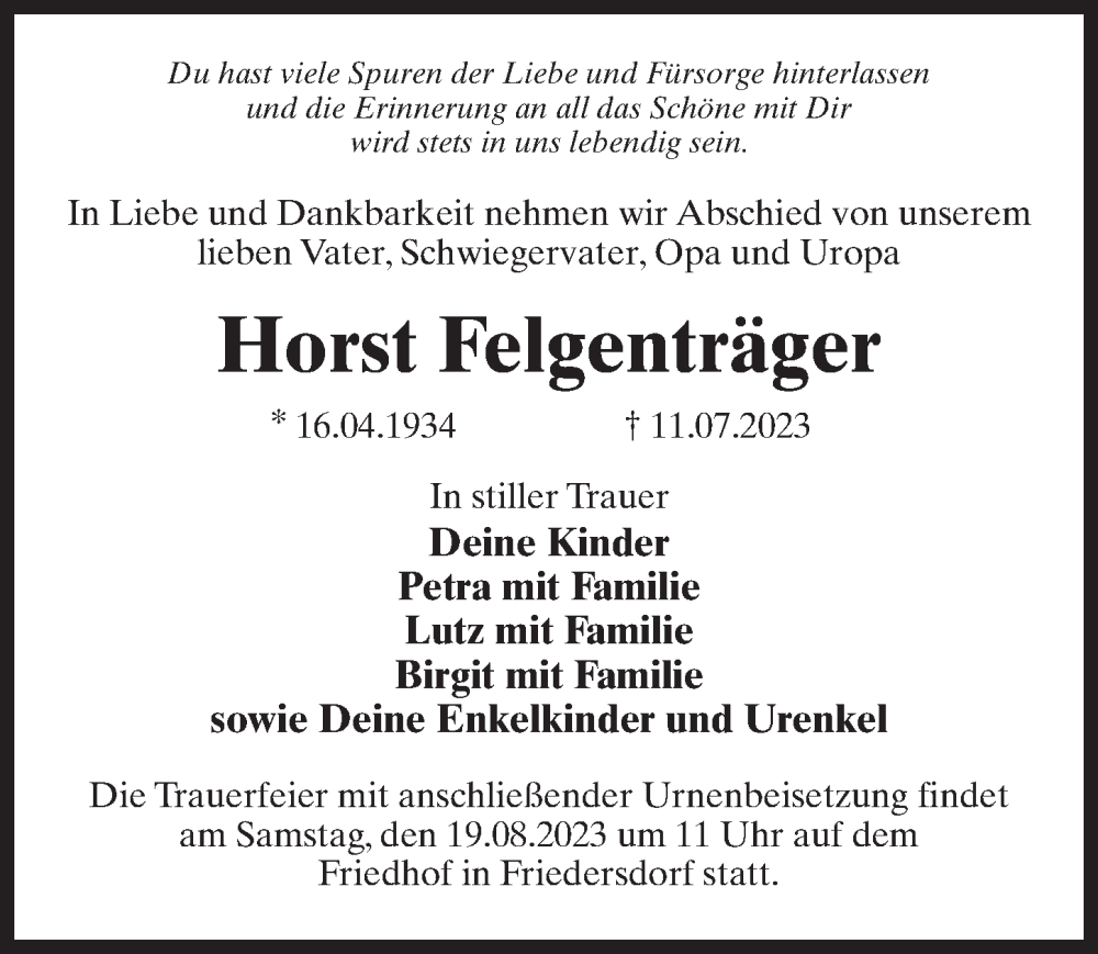  Traueranzeige für Horst Felgenträger vom 22.07.2023 aus Märkischen Allgemeine Zeitung