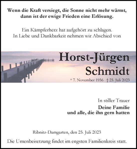 Traueranzeige von Horst-Jürgen Schmidt von Ostsee-Zeitung GmbH