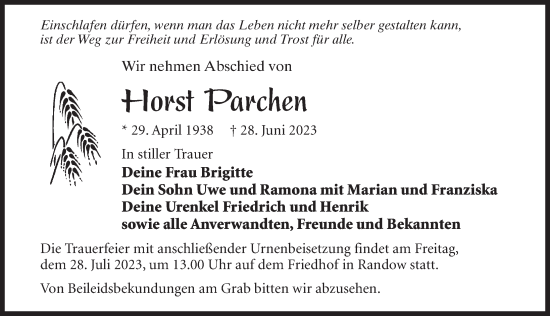 Traueranzeige von Horst Parchen