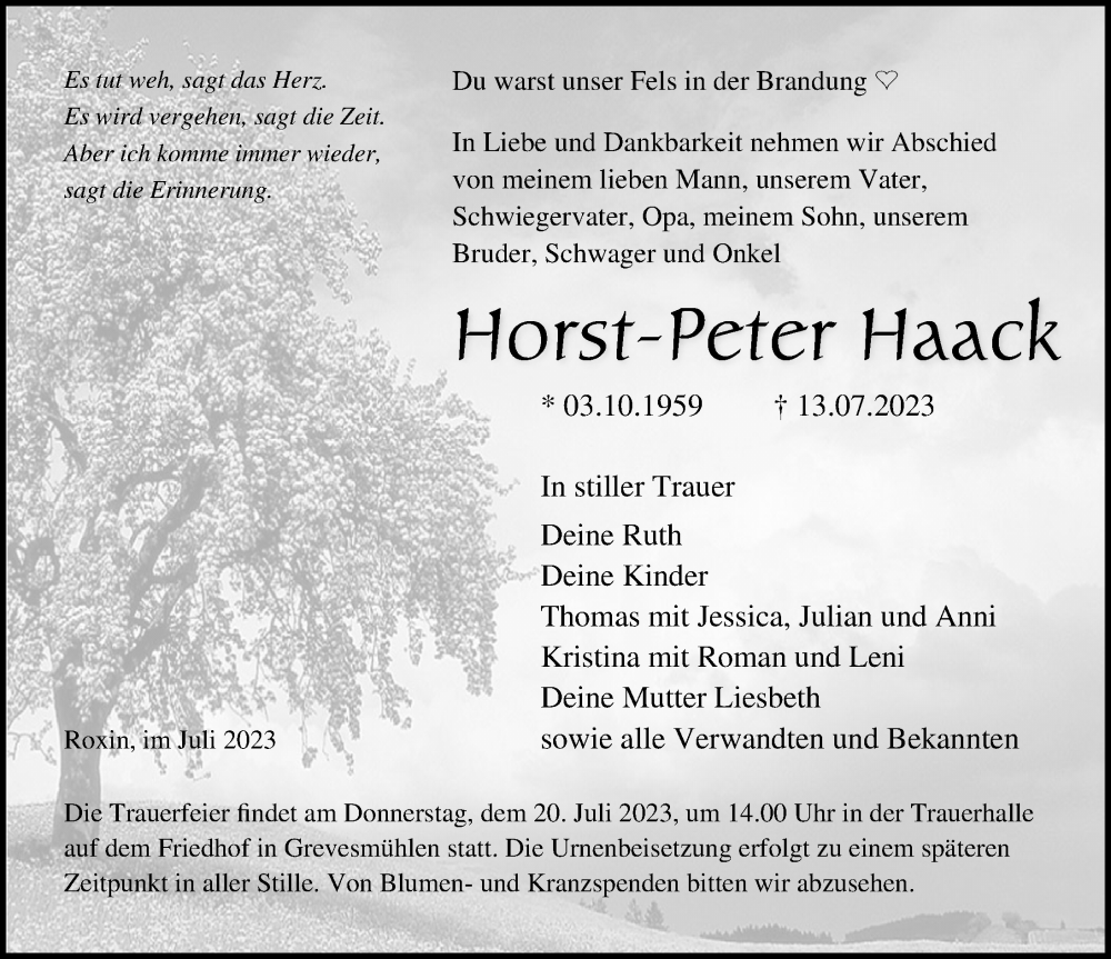  Traueranzeige für Horst-Peter Haack vom 18.07.2023 aus Ostsee-Zeitung GmbH