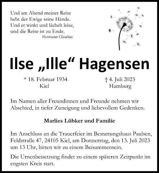 Traueranzeige von Ilse  Hagensen von Kieler Nachrichten