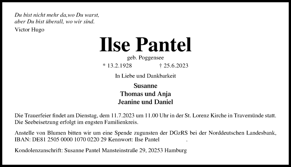  Traueranzeige für Ilse Pantel vom 02.07.2023 aus Lübecker Nachrichten