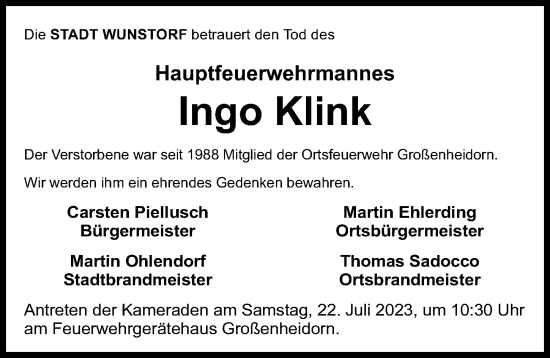Traueranzeige von Ingo Klink von Hannoversche Allgemeine Zeitung/Neue Presse