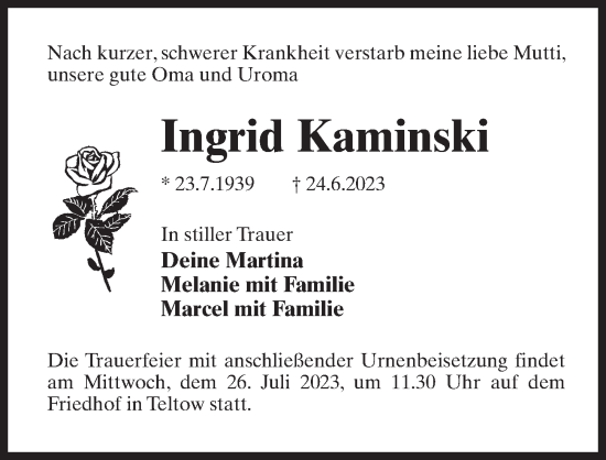 Traueranzeige von Ingrid Kaminski von Märkischen Allgemeine Zeitung