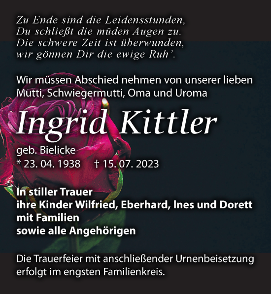 Traueranzeige von Ingrid Kittler von Leipziger Volkszeitung