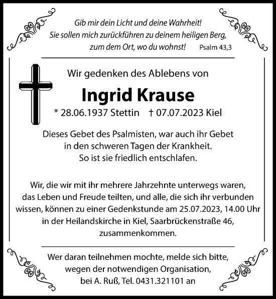 Traueranzeige von Ingrid Krause von Kieler Nachrichten