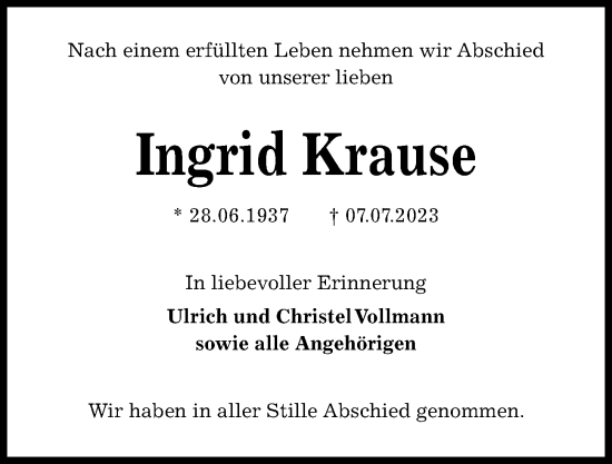 Traueranzeige von Ingrid Krause von Kieler Nachrichten