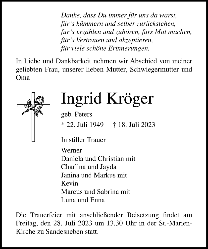  Traueranzeige für Ingrid Kröger vom 23.07.2023 aus Lübecker Nachrichten