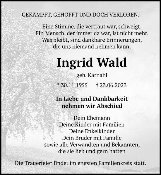 Traueranzeige von Ingrid Wald von Ostsee-Zeitung GmbH