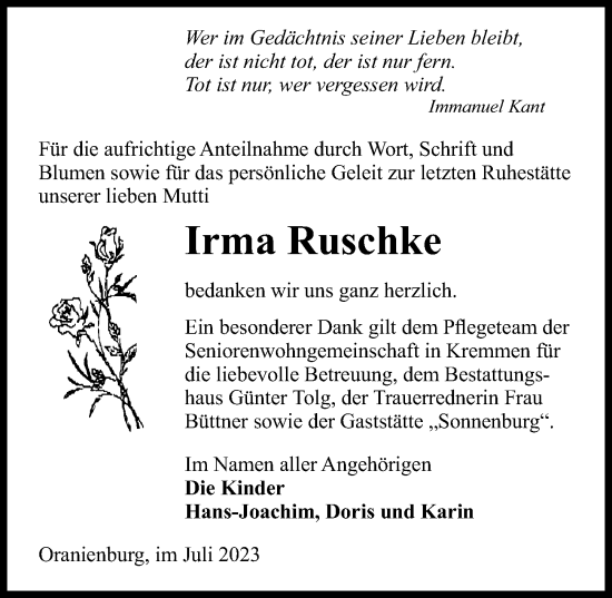 Traueranzeige von Irma Ruschke von Märkischen Allgemeine Zeitung