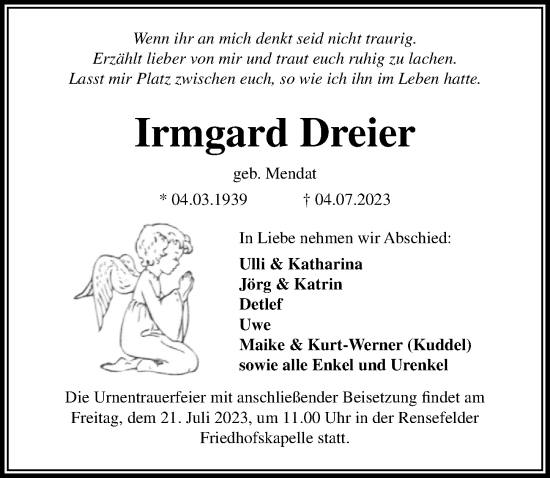 Traueranzeige von Irmgard Dreier von Lübecker Nachrichten