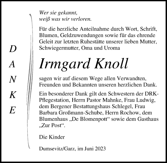 Traueranzeige von Irmgard Knoll von Ostsee-Zeitung GmbH
