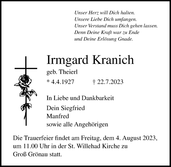 Traueranzeige von Irmgard Kranich von Lübecker Nachrichten