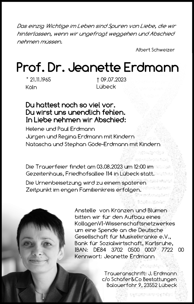  Traueranzeige für Jeanette Erdmann vom 23.07.2023 aus Lübecker Nachrichten