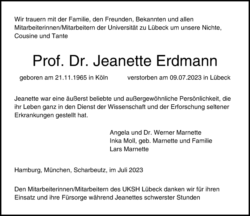  Traueranzeige für Jeanette Erdmann vom 18.07.2023 aus Lübecker Nachrichten