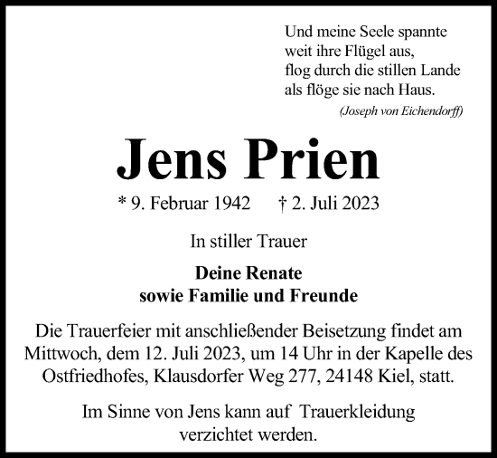 Traueranzeige von Jens Prien von Kieler Nachrichten