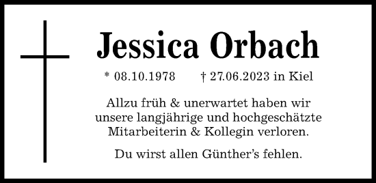 Traueranzeige von Jessica Orbach von Kieler Nachrichten