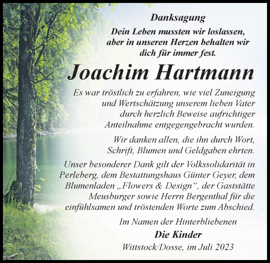 Traueranzeige von Joachim  Hartmann von Märkischen Allgemeine Zeitung