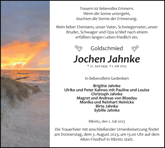 Traueranzeige von Jochen Jahnke von Ostsee-Zeitung GmbH