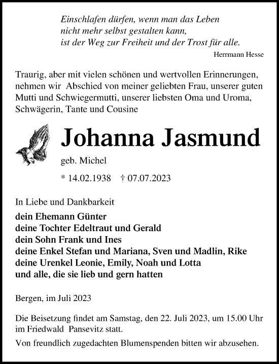 Traueranzeige von Johanna Jasmund von Ostsee-Zeitung GmbH
