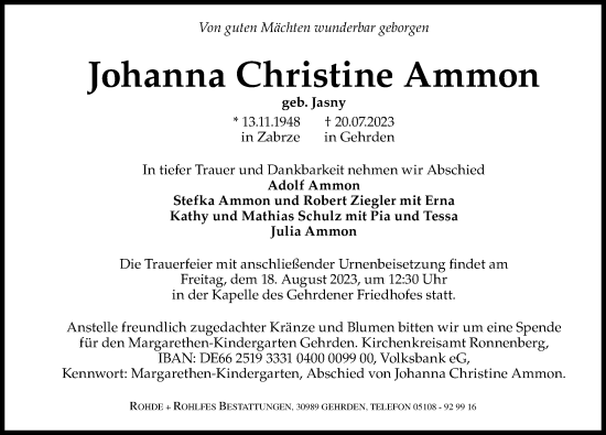 Traueranzeige von Johanna Christine Ammon von Hannoversche Allgemeine Zeitung/Neue Presse