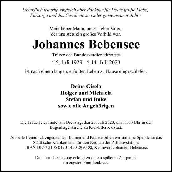 Traueranzeige von Johannes Bebensee von Kieler Nachrichten