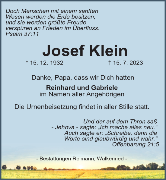 Traueranzeige von Josef Klein von Göttinger Tageblatt