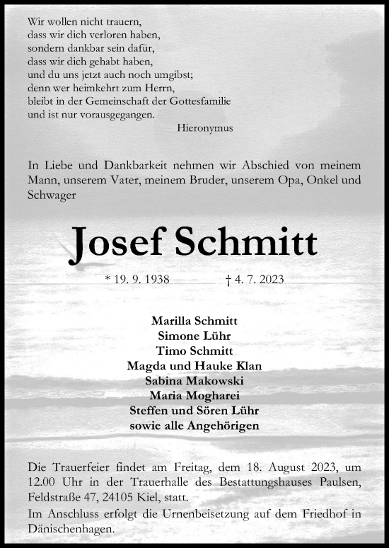 Traueranzeige von Josef Schmitt von Kieler Nachrichten