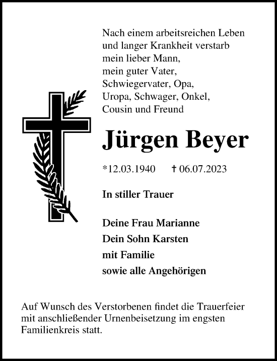 Traueranzeige von Jürgen Beyer von Ostsee-Zeitung GmbH