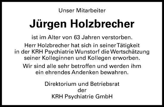 Traueranzeige von Jürgen Holzbrecher von Schaumburger Nachrichten