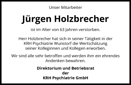 Traueranzeige von Jürgen Holzbrecher von Hannoversche Allgemeine Zeitung/Neue Presse