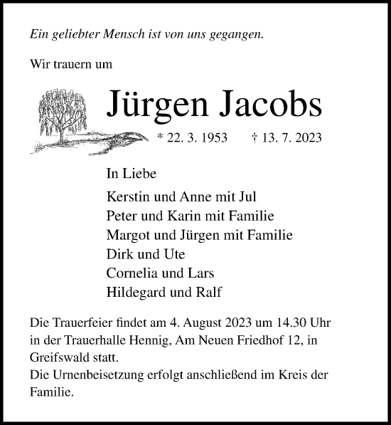 Traueranzeige von Jürgen Jacobs von Ostsee-Zeitung GmbH