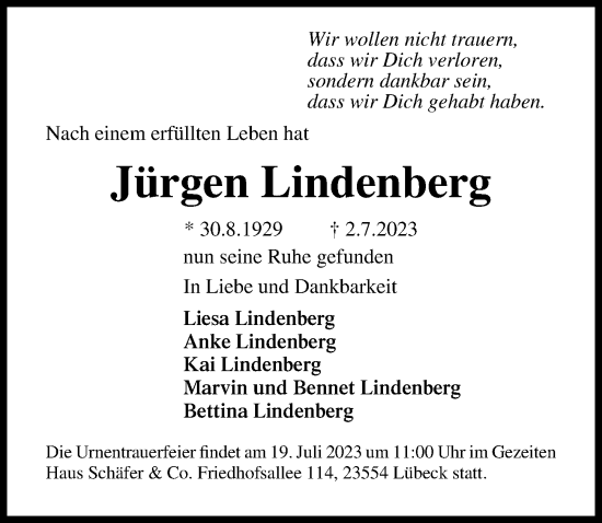 Traueranzeige von Jürgen Lindenberg von Lübecker Nachrichten