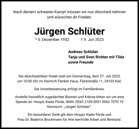 Traueranzeige von Jürgen Schlüter von Kieler Nachrichten