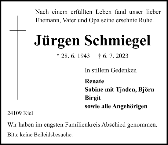 Traueranzeige von Jürgen Schmiegel von Kieler Nachrichten