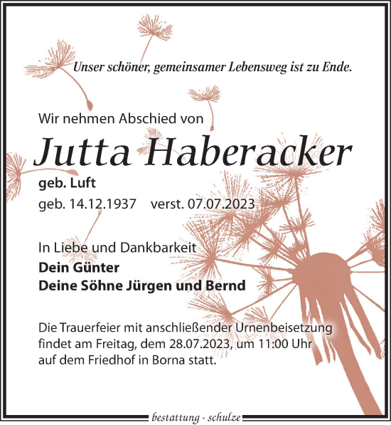 Traueranzeige von Jutta Haberacker von Leipziger Volkszeitung