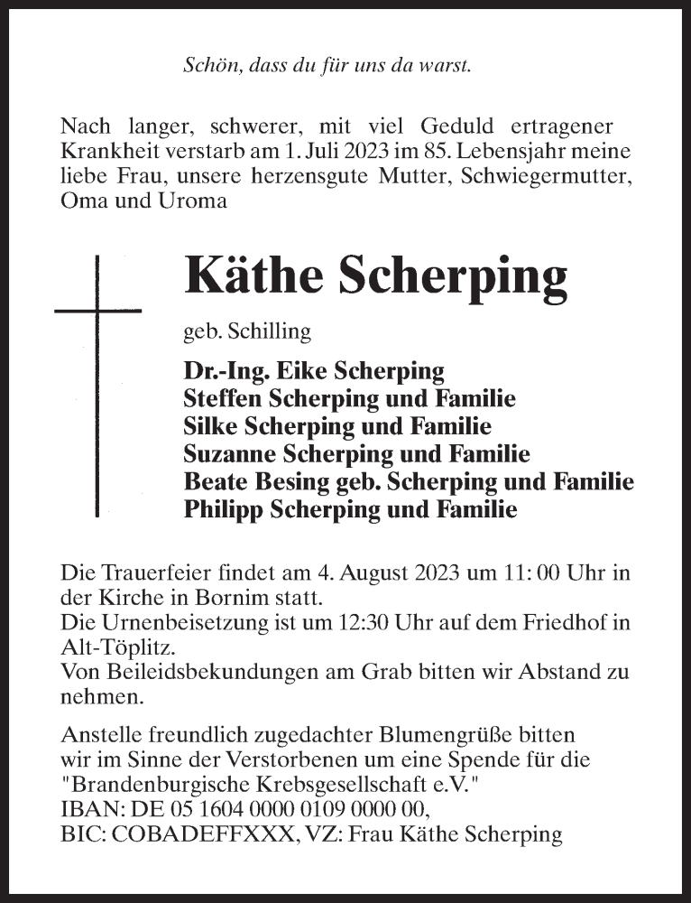  Traueranzeige für Käthe Scherping vom 22.07.2023 aus Märkischen Allgemeine Zeitung