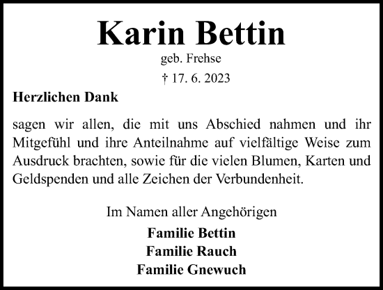 Traueranzeige von Karin Bettin von Kieler Nachrichten