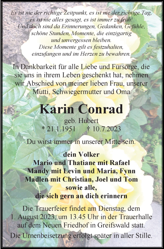 Traueranzeige von Karin Conrad von Ostsee-Zeitung GmbH