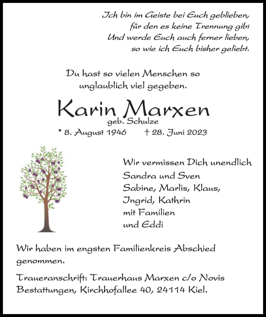 Traueranzeige von Karin Marxen von Kieler Nachrichten