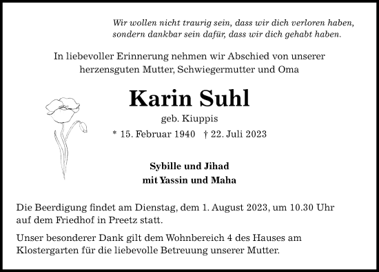 Traueranzeige von Karin Suhl von Kieler Nachrichten