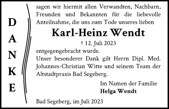 Traueranzeige von Karl-Heinz Wendt von Kieler Nachrichten
