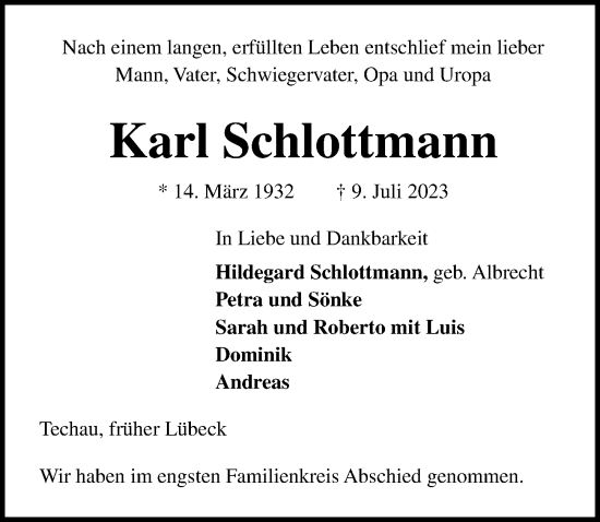 Traueranzeige von Karl Schlottmann von Lübecker Nachrichten
