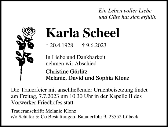 Traueranzeige von Karla Scheel von Lübecker Nachrichten