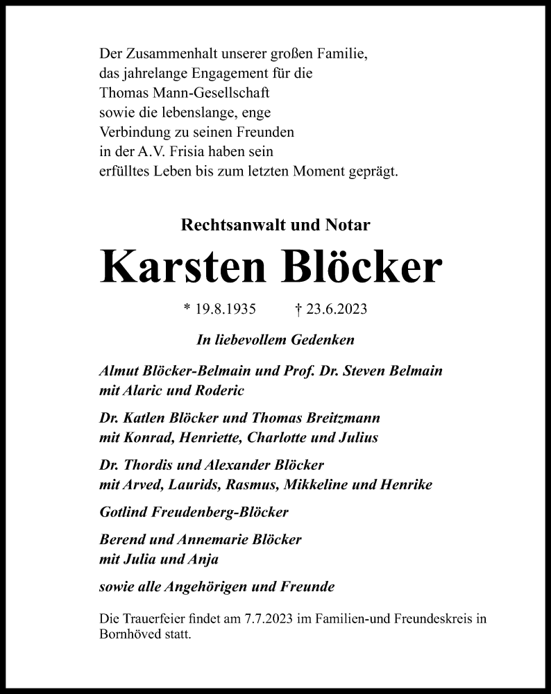  Traueranzeige für Karsten Blöcker vom 02.07.2023 aus Lübecker Nachrichten
