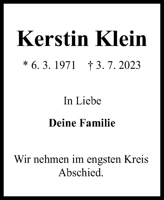 Traueranzeige von Kerstin Klein von Kieler Nachrichten