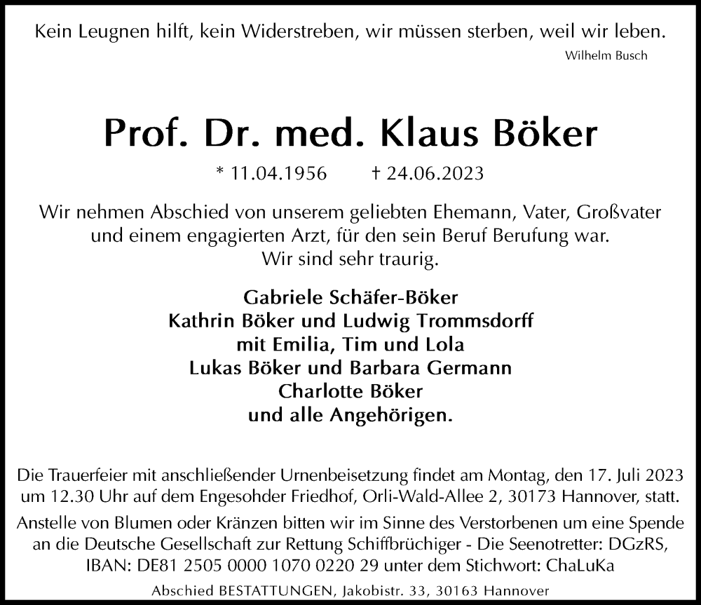  Traueranzeige für Klaus Böker vom 08.07.2023 aus Hannoversche Allgemeine Zeitung/Neue Presse