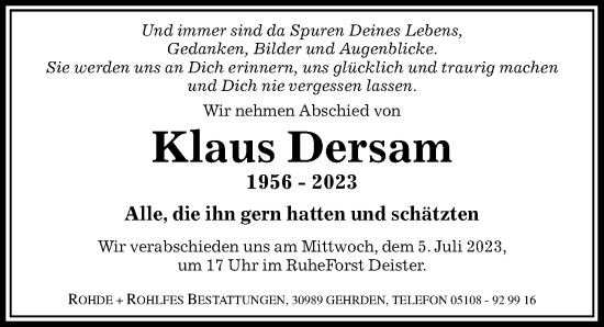 Traueranzeige von Klaus Dersam von Hannoversche Allgemeine Zeitung/Neue Presse