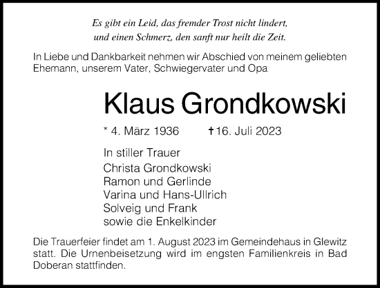 Traueranzeige von Klaus Grondkowski von Ostsee-Zeitung GmbH