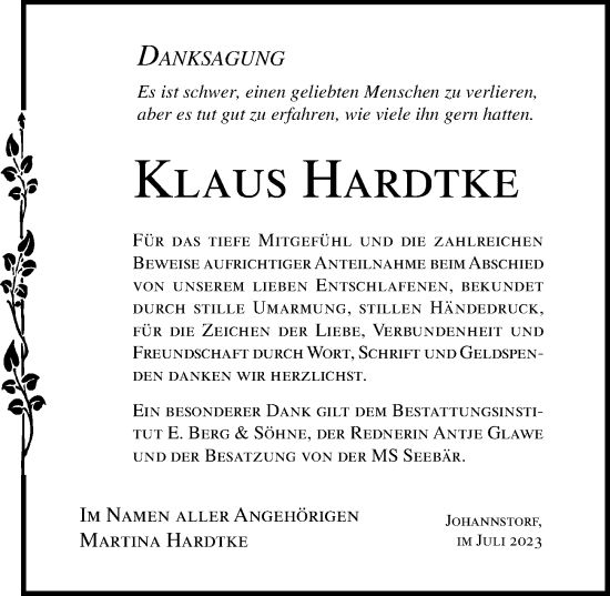 Traueranzeige von Klaus Hardtke von Ostsee-Zeitung GmbH